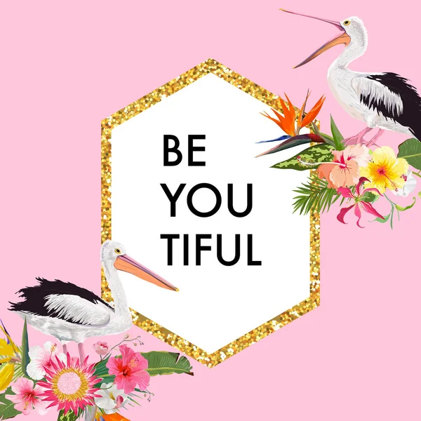 Düğün, kutlama, tebrik için egzotik kuşlar ile çerçeve çiçek. Pelikan ve çiçeklerle Tropic kartı şablonu. Vektör çizim