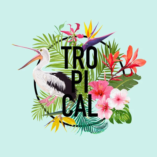 Pelikan kuşu ve egzotik çiçekler tropikal yaz tasarımı. Sukuşu tropik bitkiler ve T-shirt, palmiye yaprakları ile yazdırın. Vektör çizim