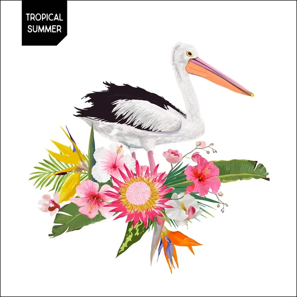 Tropical Summer Design with Pelican Bird and Exotic Flowers (en inglés). Aves acuáticas con plantas tropicales y hojas de palma para camiseta, estampado. Ilustración vectorial — Vector de stock