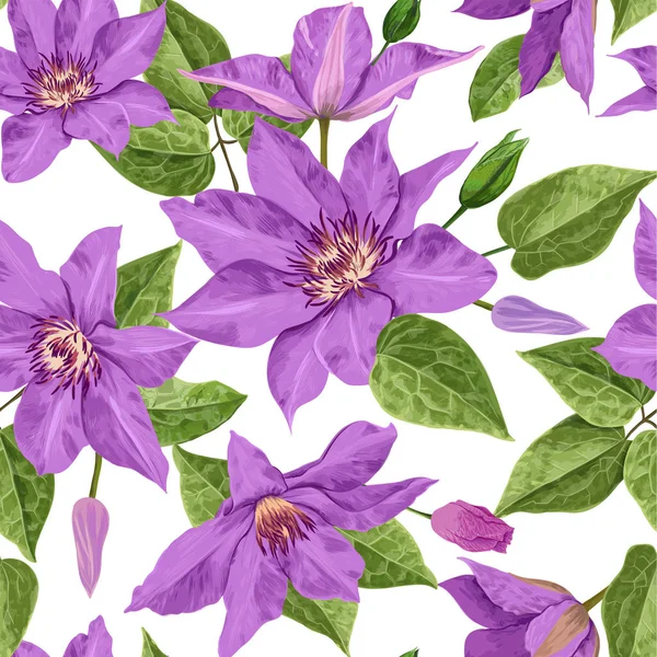 Watercolor Clematis Flowers. Floral Tropical Seamless Pattern for Wallpaper, Print, Fabric, Textile. Summer Background with Blooming Purple Flowers and Leaves. Vector illustration — Stock Vector