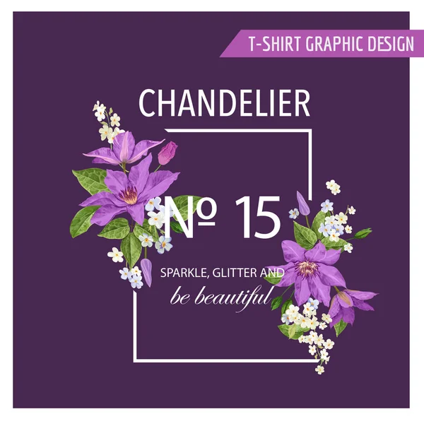 Romantic Summer Floral Design with Blooming Clematis Flowers. Tropical Botanical Background for Poster, Banner, T-shirt, Greeting Card. Vector illustration — Stock Vector