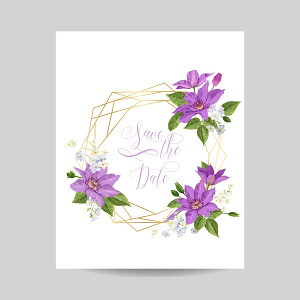クレマチスの花と黄金のフレームの結婚式の招待状のテンプレートです。熱帯花は保存日付カード エキゾチックな花のロマンチックなデザインはがき、誕生日、記念日に挨拶するためです。ベクトル図 — ストックベクタ