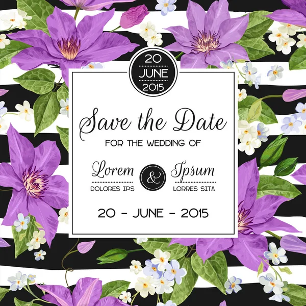 Modelo de convite de casamento com Clematis Flores. Tropical Floral Save the Date Card. Flor exótica Design romântico para cartões postais, aniversário, aniversário. Ilustração vetorial — Vetor de Stock