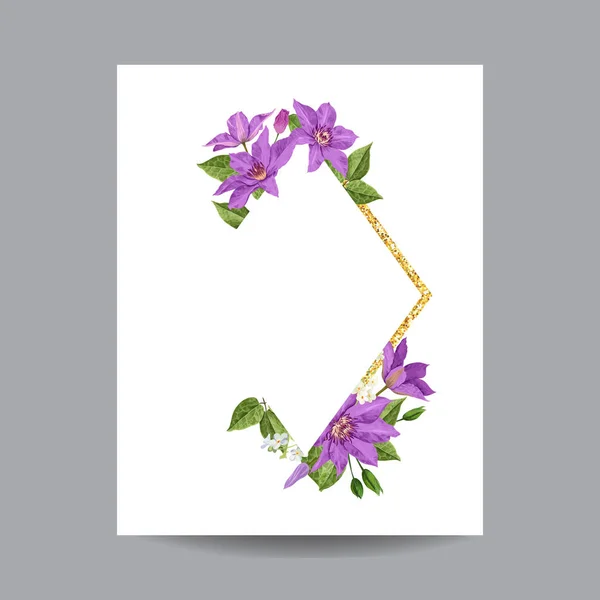 花の咲く春と夏のゴールデン フレーム。招待、結婚式、あいさつカード ベクトル イラストを水彩の紫クレマチスの花 — ストックベクタ