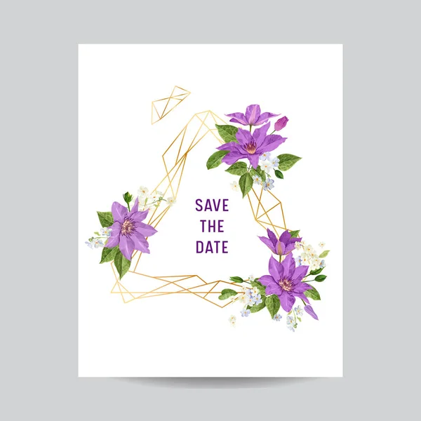 クレマチスの花と黄金のフレームの結婚式の招待状のテンプレートです。熱帯花は保存日付カード エキゾチックな花のロマンチックなデザインはがき、誕生日、記念日に挨拶するためです。ベクトル図 — ストックベクタ