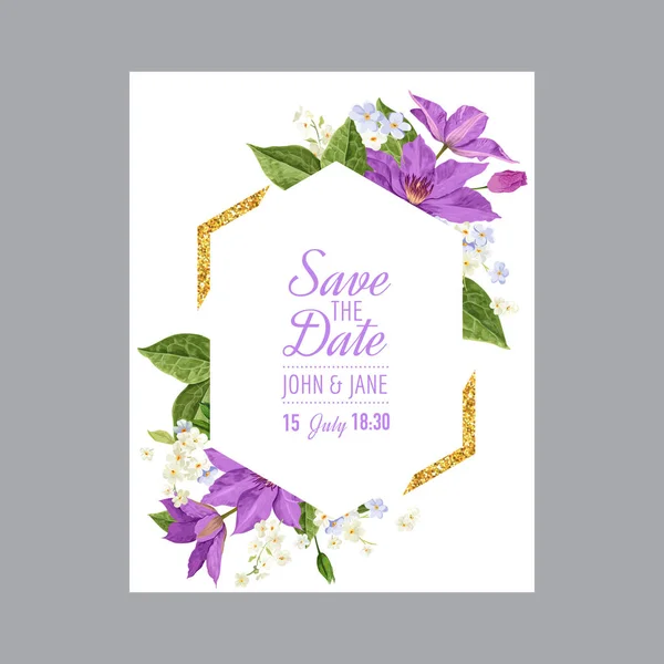 Modelo de convite de casamento com flores Clematis e moldura dourada. Tropical Floral Save the Date Card. Flor exótica Design romântico para cartões postais, aniversário, aniversário. Ilustração vetorial —  Vetores de Stock