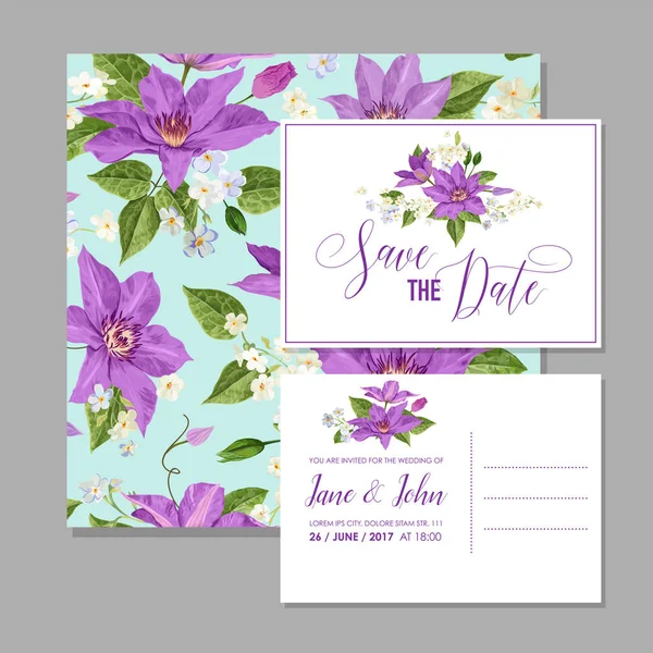 クレマチスの花の結婚式の招待状のテンプレートです。熱帯花は保存日付カード エキゾチックな花のロマンチックなデザインはがき、誕生日、記念日に挨拶するためです。ベクトル図 — ストックベクタ