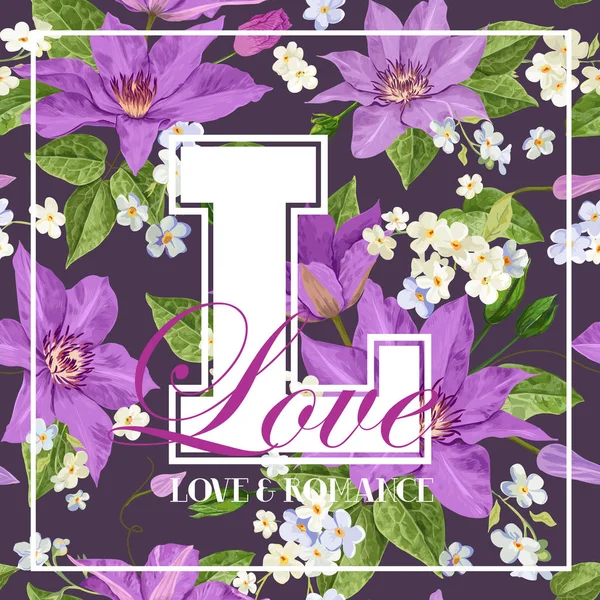 Romántico diseño floral de verano con flores Clematis. Fondo Botánico Tropical para Póster, Banner, Camiseta, Tarjeta de Saludo. Ilustración vectorial — Vector de stock