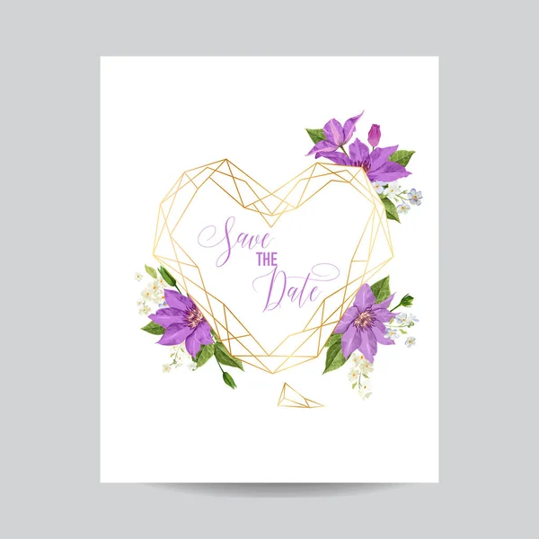 Modelo de convite de casamento com flores Clematis e moldura dourada. Tropical Floral Save the Date Card. Flor exótica Design romântico para cartões postais, aniversário, aniversário. Ilustração vetorial — Vetor de Stock