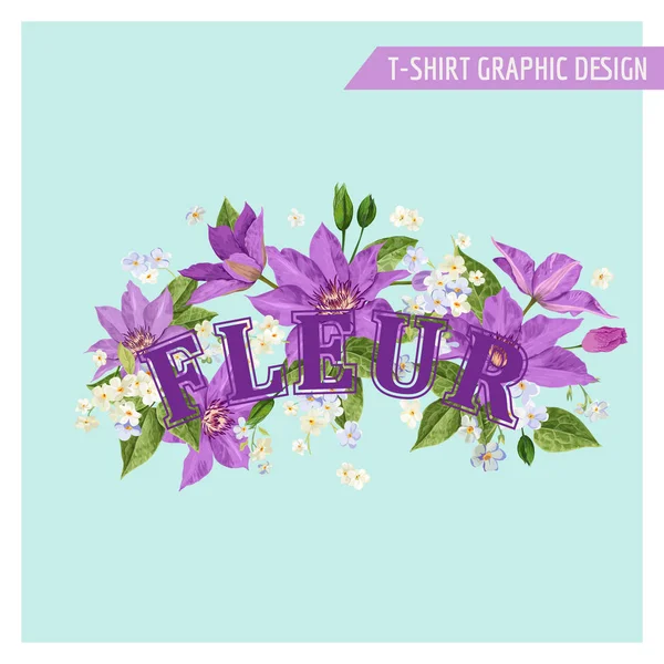 Romántico diseño floral de verano con flores Clematis. Fondo Botánico Tropical para Póster, Banner, Camiseta, Tarjeta de Saludo. Ilustración vectorial — Vector de stock