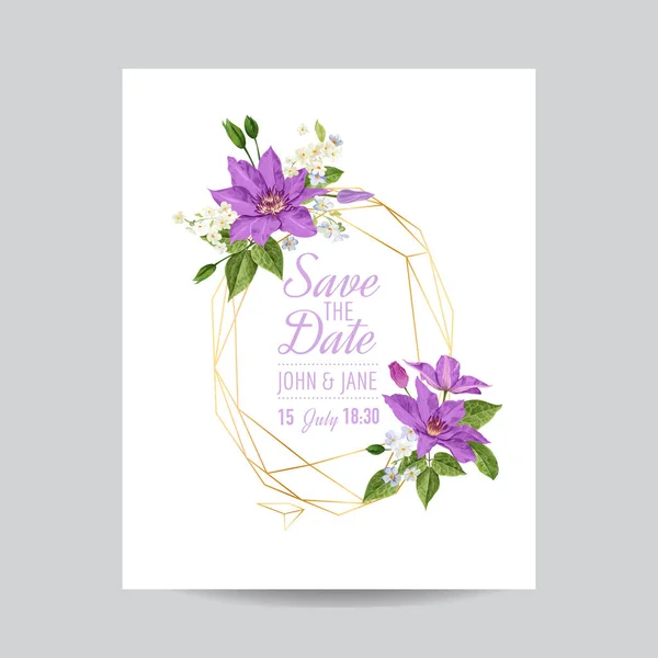 Modèle d'invitation de mariage avec des fleurs clématites et cadre doré. Tropical Floral Save the Date Card. Fleur exotique Design romantique pour carte postale de voeux, anniversaire, anniversaire. Illustration vectorielle — Image vectorielle