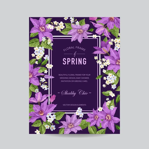 Svatební pozvánky šablony s květy Clematis. Tropických květinovým uložte datum Card. exotická květina Romantický Design pro Blahopřejné pohlednice, narozeniny, výročí. Vektorové ilustrace — Stockový vektor