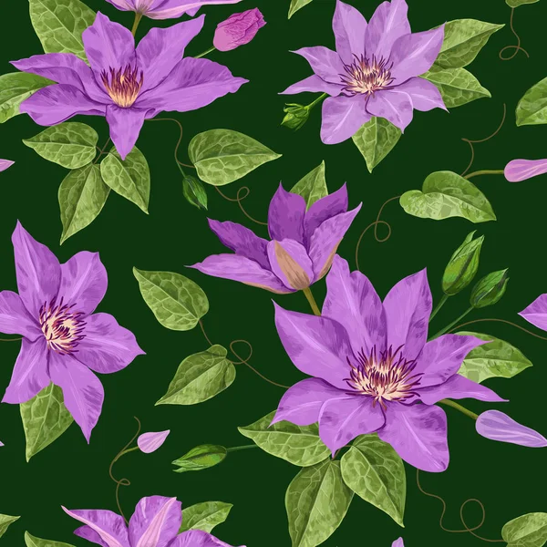 Watercolor Clematis Flowers. Floral Tropical Seamless Pattern for Wallpaper, Print, Fabric, Textile. Summer Background with Blooming Purple Flowers and Leaves. Vector illustration — Stock Vector