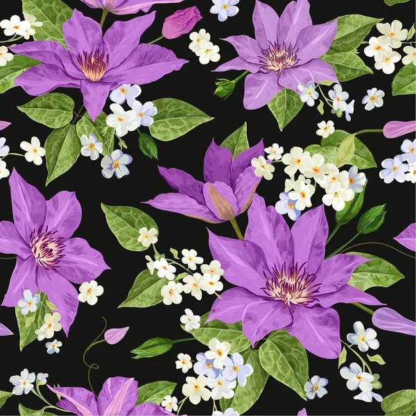 Watercolor Clematis Flowers. Floral Tropical Seamless Pattern for Wallpaper, Print, Fabric, Textile. Summer Background with Blooming Purple Flowers. Vector illustration — Stock Vector