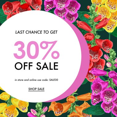 Yaz Satılık tropikal afiş. Mevsimlik promosyon Tiger Lily çiçek ve yaprakları ile. Çiçek indirim şablon tasarım Poster, afiş, hediye sertifikası için. Vektör çizim