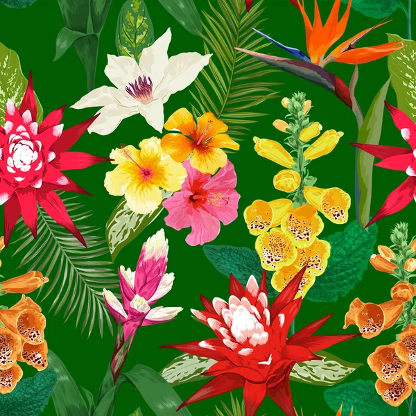 열 대 꽃의 완벽 한 패턴입니다. 타이거 릴리 꽃와 Hibiskus 여름 꽃 배경. 벽지, 직물을 위한 수채화 피 디자인입니다. 벡터 일러스트 레이 션 — 스톡 벡터