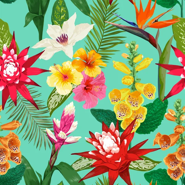 Tropical Flowers Seamless Pattern. Summer Floral Background with Tiger Lily Flower and Hibiskus. Watercolor Blooming Design for Wallpaper, Fabric. Vector illustration — Stock Vector