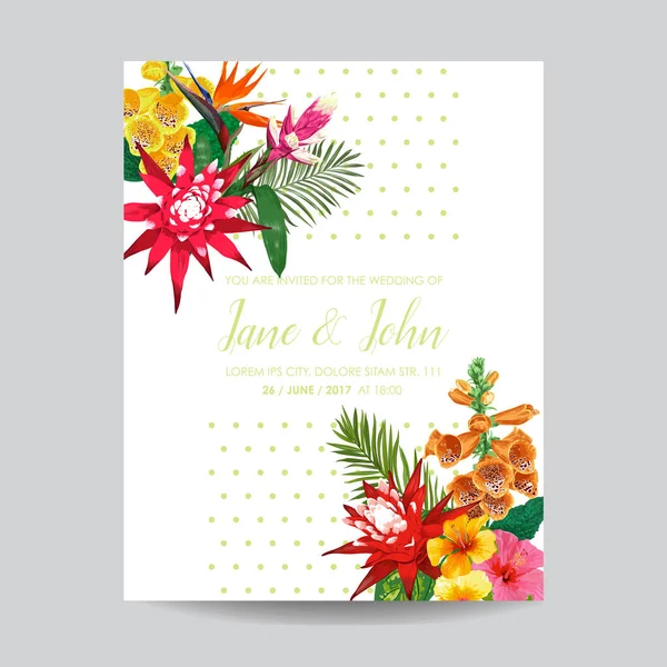 Vorlage für die Hochzeitseinladung mit Tigerlilie-Blüten und Palmblättern. Speichern Sie die Datumskarte. exotische Blume romantisches Design für Grußkarten, Geburtstag, Jubiläum. Vektorillustration — Stockvektor