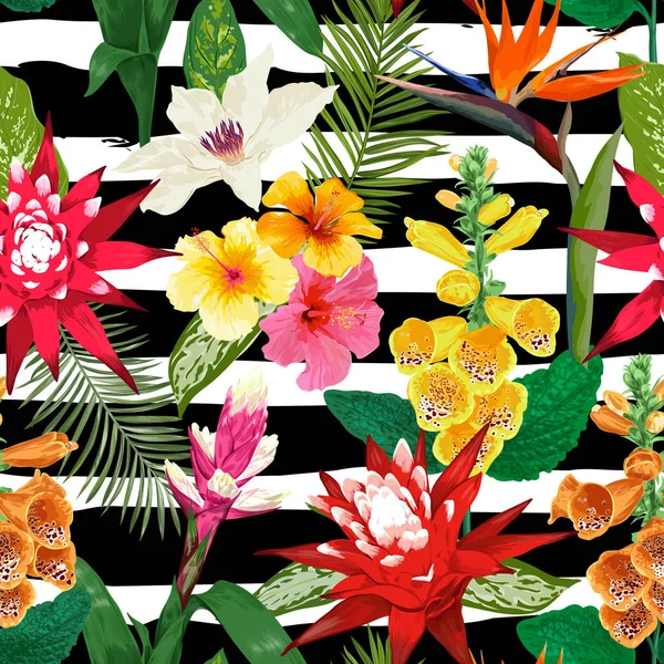 Wzór tropikalnych kwiatów. Lato na tle kwiatowy z Tiger Lily Flower i Hibiskus. Akwarela kwitnący Design Tapety, tkaniny. Ilustracja wektorowa — Wektor stockowy