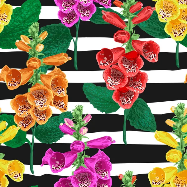 열 대 꽃의 완벽 한 패턴입니다. 타이거 릴리 꽃과 여름 꽃 배경입니다. 벽지, 직물을 위한 수채화 피 디자인입니다. 벡터 일러스트 레이 션 — 스톡 벡터