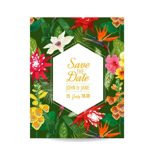 Bröllop inbjudan mall med Tiger Lily blommor och Palm lämnar. Tropiska blommor Spara datum Card. exotiska blomma romantisk Design för hälsning vykort, födelsedag, årsdagen. Vektorillustration — Stock vektor