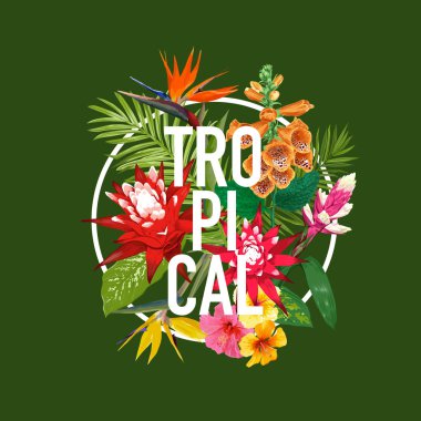 Yaz aylarında çiçek Poster. Tropik çiçekler ve palmiye yaprakları tasarım afiş, el ilanı, broşür, kumaş baskı için. Merhaba yaz suluboya botanik arka plan. Vektör çizim