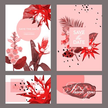Düğün davetiye şablon çiçek ve Palm ile bırakır. Tropikal çiçek tebrik Kartpostalı, Doğum günü, yıldönümü için tarih kartı egzotik çiçek romantik tasarım kaydedin. Vektör çizim