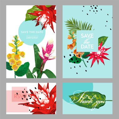 Düğün davetiye şablon çiçek ve Palm ile bırakır. Tropikal çiçek tebrik Kartpostalı, Doğum günü, yıldönümü için tarih kartı egzotik çiçek romantik tasarım kaydedin. Vektör çizim