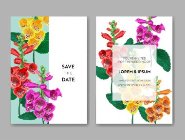 Düğün davetiye şablon çiçek ve Palm ile bırakır. Tropikal çiçek tebrik Kartpostalı, Doğum günü, yıldönümü için tarih kartı egzotik çiçek romantik tasarım kaydedin. Vektör çizim