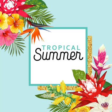 Yaz aylarında çiçek Poster. Tropik çiçekler ve palmiye yaprakları tasarım afiş, el ilanı, broşür, kumaş baskı için. Merhaba yaz suluboya botanik arka plan. Vektör çizim