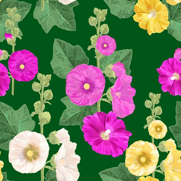 Patrón sin costura flor de Malva. Fondo floral de verano con flores. Diseño de floración de acuarela para papel pintado, tela. Ilustración vectorial — Archivo Imágenes Vectoriales