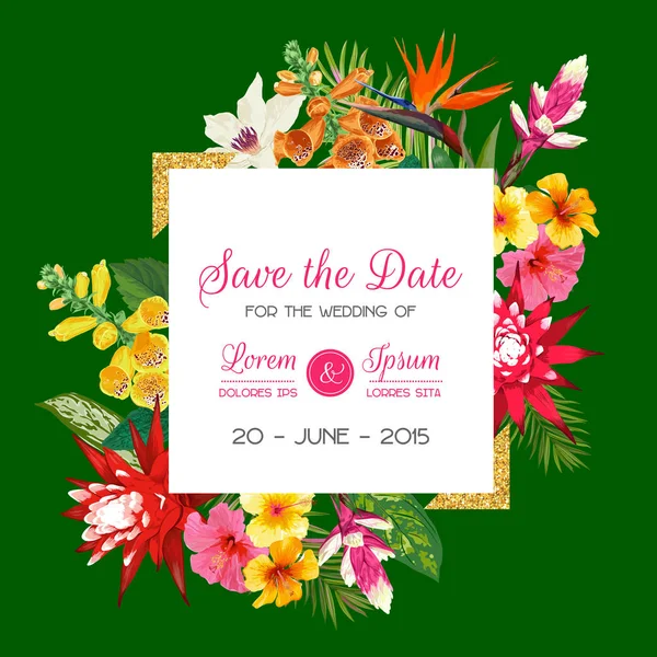 Wedding Invitation Template with Tiger Lily Flowers and Palm Leaves. Tropical Floral Save the Date Card. Exotic Flower Romantic Design for Greeting Postcard, Birthday, Anniversary. Vector illustration — Stock Vector