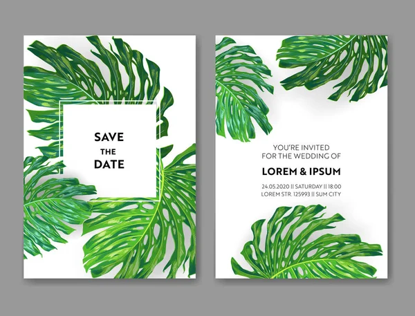 Modelo de convite de casamento com Monstera Palm Leaves. Tropical Save the Date Card. Design Botânico de Verão para Cartaz, Cartão de Saudação. Ilustração vetorial —  Vetores de Stock