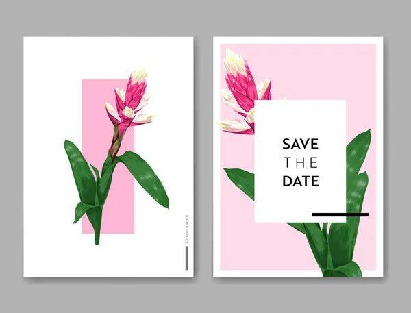 Modelo de convite de casamento com flores e folhas de palma. Tropical Floral Save the Date Card. Flor exótica Design romântico para cartões postais, aniversário, aniversário. Ilustração vetorial — Vetor de Stock