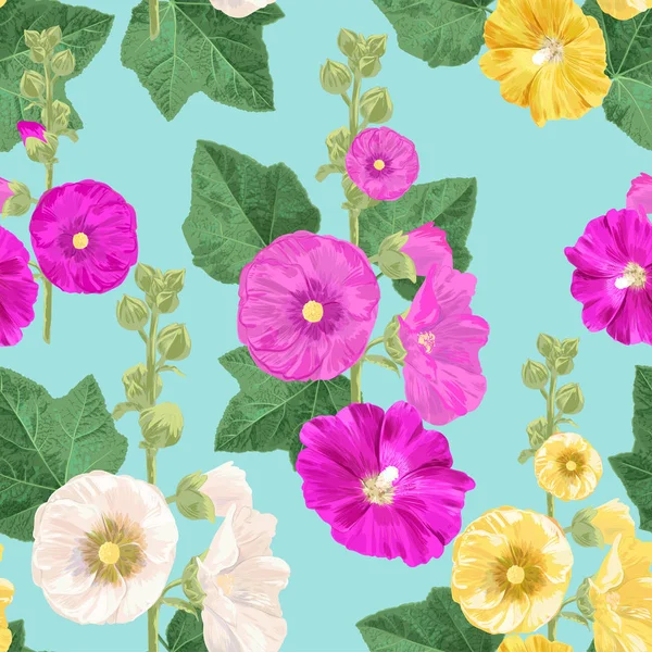 Malva Blüten nahtlose Muster. Sommer floralen Hintergrund mit Blumen. Aquarell blühendes Design für Tapete, Stoff. Vektorillustration — Stockvektor
