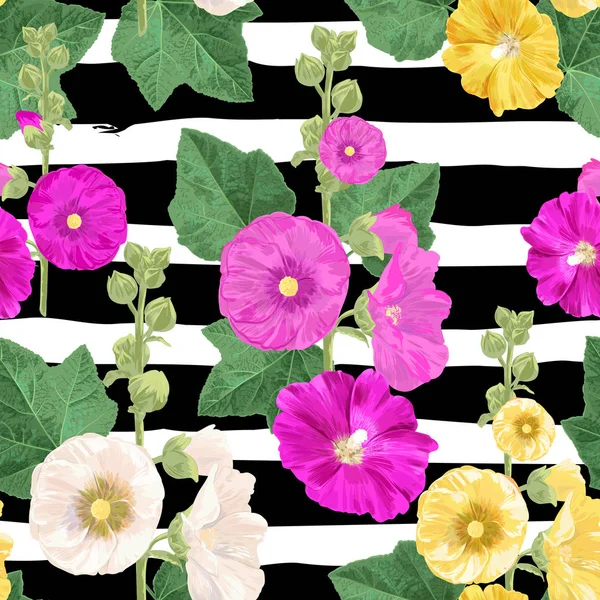 Malva 花无缝图案。夏季花卉背景花。水彩绽放设计墙纸, 布料。矢量插图 — 图库矢量图片