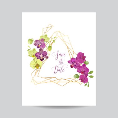 Orkide çiçek düğün davet düzeni şablonu. Tarihi çiçek kartı altın çerçeve ve egzotik çiçekler ile kaydedin. Vektör çizim