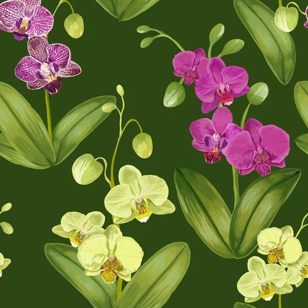 Padrão Tropical Sem Costura Com Flores Orquídea Fundo Floral Para — Vetor de Stock