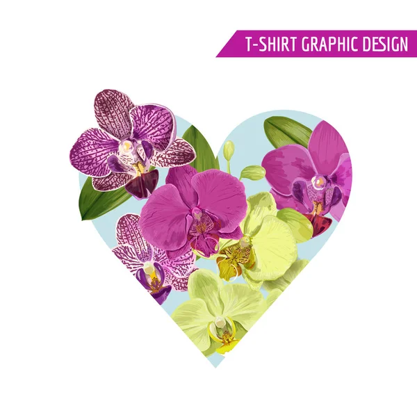 Miłość romantyczny kwiatowy serca wiosna lato projekt fioletowe kwiaty orchidei tkaniny, T-shirt, druki, plakaty. Tropikalny tło botaniczny na Walentynki. Ilustracja wektorowa — Wektor stockowy