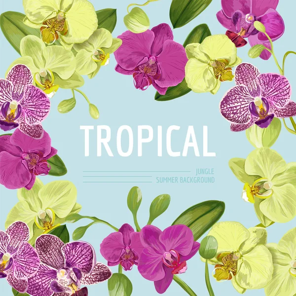 Γεια σας καλοκαίρι Tropic σχεδιασμού. Τροπικό Orchid λουλούδια με φόντο για πώληση πανό, πλακάτ, αφίσα, φέιγ βολάν. Vintage φλοράλ σύνθεση. Εικονογράφηση διάνυσμα — Διανυσματικό Αρχείο