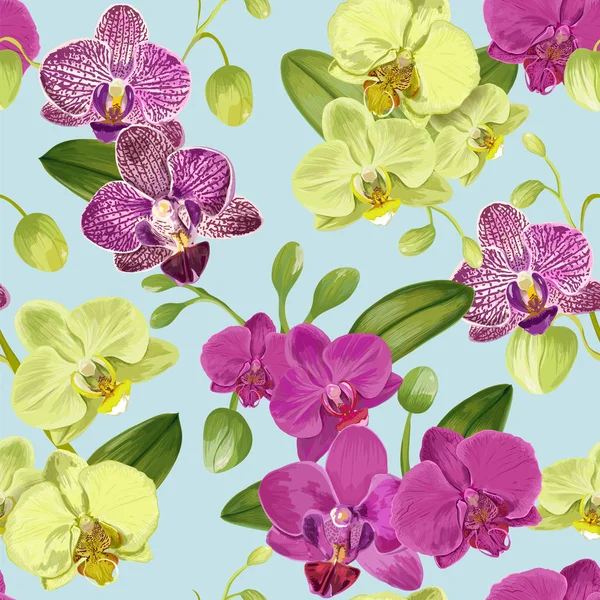 Padrão tropical sem costura com flores de orquídea. Fundo floral para tecido Têxtil, Papel de parede, Envolvimento. Aquarela Flores Design. Ilustração vetorial —  Vetores de Stock