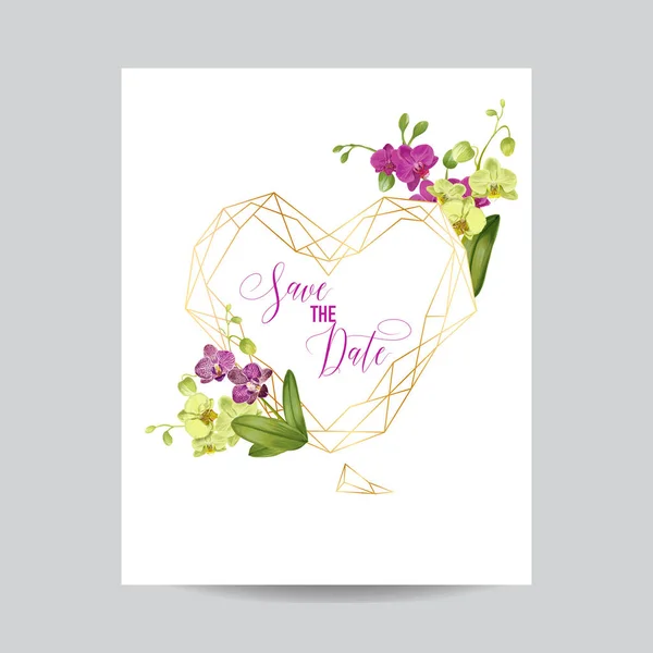 Modelo de layout de convite de casamento com flores de orquídea. Salve o cartão floral de data com moldura dourada e flores exóticas. Ilustração vetorial —  Vetores de Stock