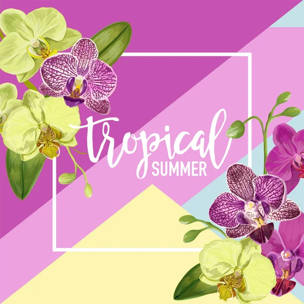 こんにちは夏の熱帯デザイン。ポスター販売バナー、プラカード、チラシの熱帯の蘭の花の背景。花柄ヴィンテージ組成物。ベクトル図 — ストックベクタ