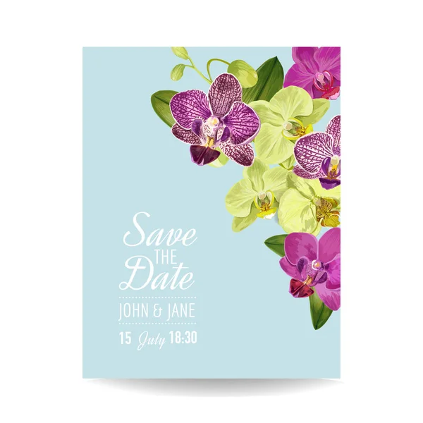 結婚式の招待状のレイアウト テンプレートの蘭の花。エキゾチックな花とパーティーの祝いの日花カードを保存します。ベクトル図 — ストックベクタ
