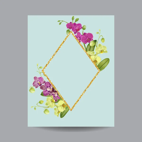 Floreciente Primavera y Verano Golden Floral Frame. Acuarela Purple Orchid Flowers for Invitation, Wedding, Greeting Card. Ilustración vectorial — Archivo Imágenes Vectoriales