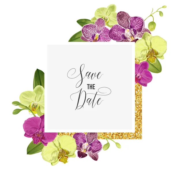 Modelo de layout de convite de casamento com flores de orquídea. Salve o cartão floral de data com moldura dourada e flores exóticas. Ilustração vetorial — Vetor de Stock