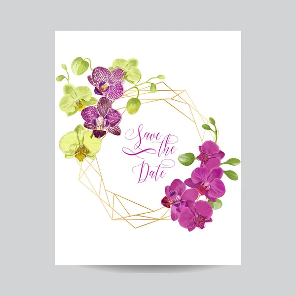 Layout-Vorlage für Hochzeitseinladungen mit Orchideenblumen. Speichern Sie die Datumsblumenkarte mit goldenem Rahmen und exotischen Blumen. Vektorillustration — Stockvektor