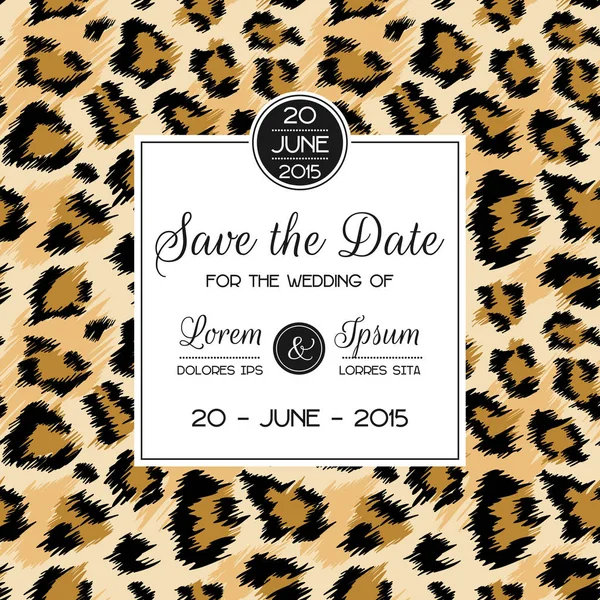 Wedding Invitation Template with Fashionable Leopard Pattern. Tropical Save the Date Card. Animal Ornament Romantic Design for Greeting Postcard, Birthday, Anniversary. Vector illustration — Stock Vector