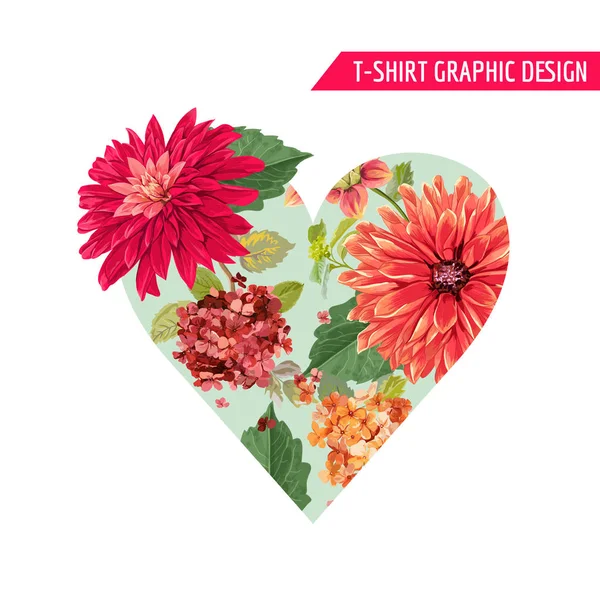 Love Romantic Floral Heart Spring Summer Design with Red Asters Flowers for Prints, Fabric, T-shirt, Posters. Tropical Botanical Background for Valentines Day. Vector illustration — Stock Vector