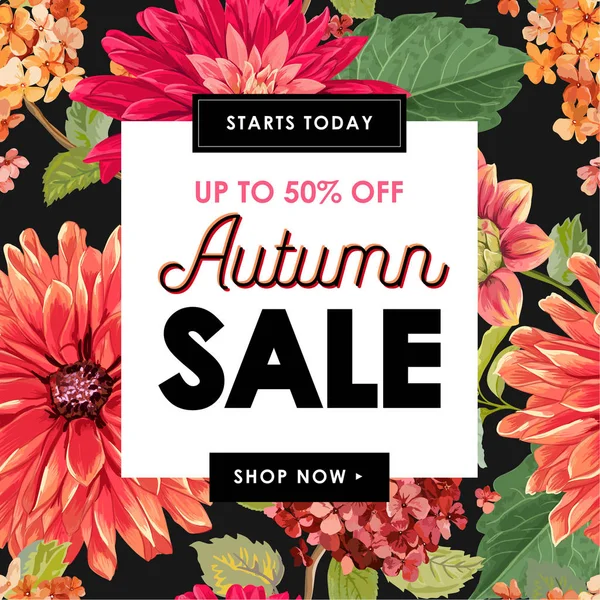 Venta Otoño Banner Tropical. Promoción Estacional con Flores y Hojas de Aster Rojo. Diseño de plantilla de descuento floral para póster, folleto, certificado de regalo. Ilustración vectorial — Vector de stock